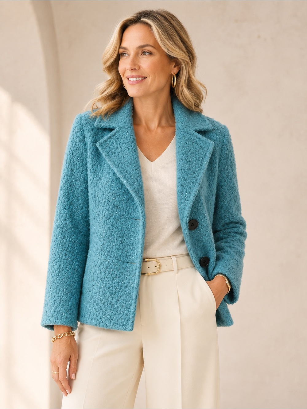 Cabi Teal Bouclé Cropped Blazer Jacket Size 6